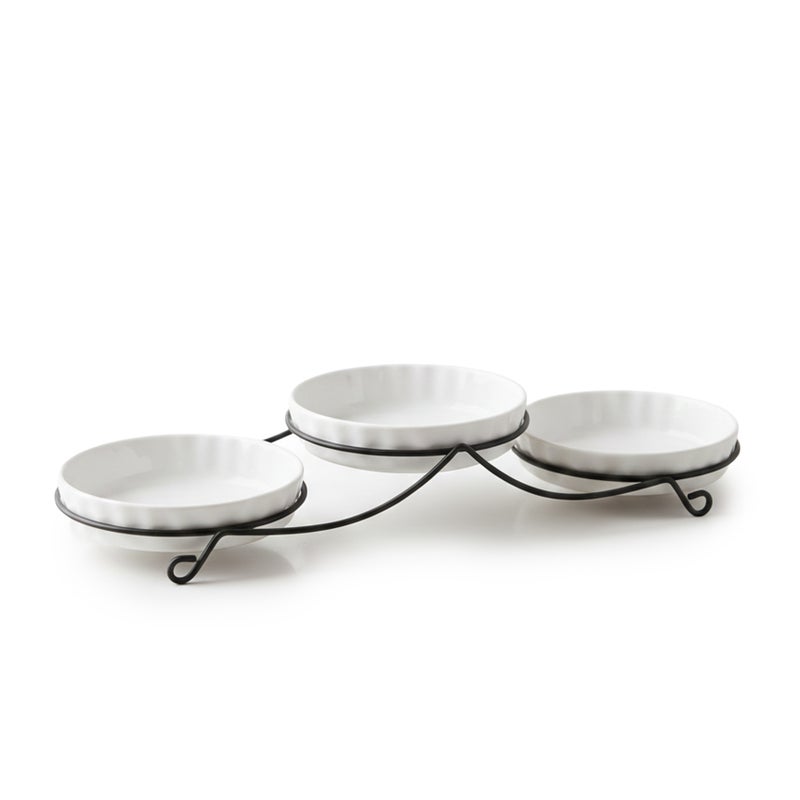 Shallow 3PCS Round Porcelain Bowl Set with Metal Stand – 14cm White Serving Bowls for Dates, Snacks & Desserts | Ramadan, Eid, Diwali, Festive Hosting & Gifting - Image 1